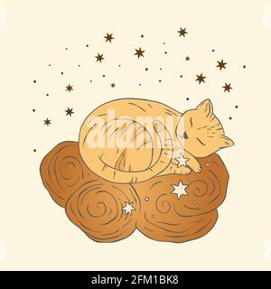 Celestial cat sacred astrology boho esoteric gold card. Nursery animal sleeping on the cloud. Stock Vector