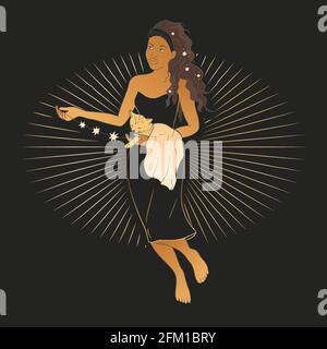 Celestial woman with a cat sacred astrology feminine boho esoteric golden and black black art. Moon and star magic vector. Stock Vector