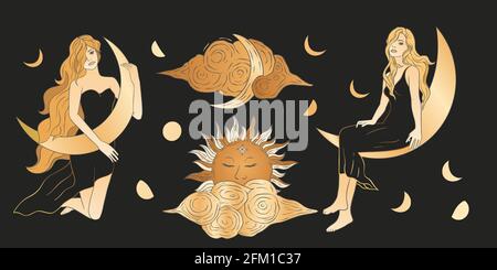 Celestial woman sacred astrology feminine boho esoteric golden and black black art. Moon, sun and star magic golden clipart vector. Stock Vector