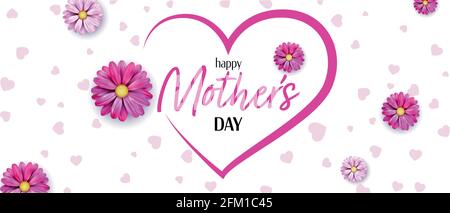 Happy Mothers Day celebration vector banner with colorful hearts and flowers -Web banner design on white background Stock Vector