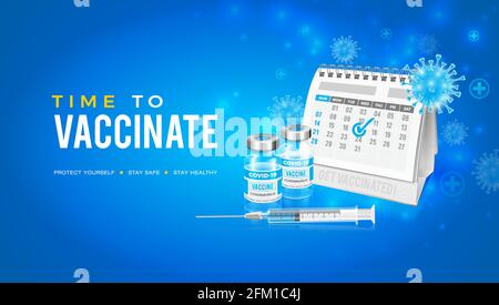 Vector background design with coronavirus vaccine. Your vaccination calendar. Time to get vaccinated against the Covid-19 coronavirus. Stock Vector