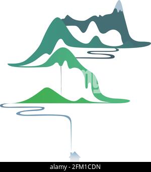 Vector flat landscape. Gradient mountain river and house. EPS 10 Stock Vector
