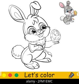 Rabbit colors an easter egg. Cartoon character rabbit. Coloring book page with colorful template. Vector contour isolated illustration. For coloring b Stock Vector