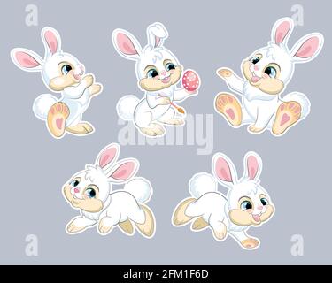 Set of cute cartoon white rabbits. Vector isolated illustration. For postcard, posters, nursery design, greeting card, stickers, room decor, party, nu Stock Vector