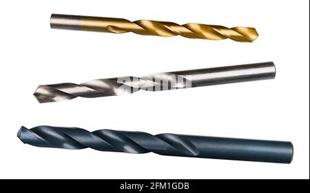 Set of various sharp drill bits isolated on a white background. Golden - titanium coated, silvered and blue of carbon alloy steel. Three cutting tools. Stock Photo