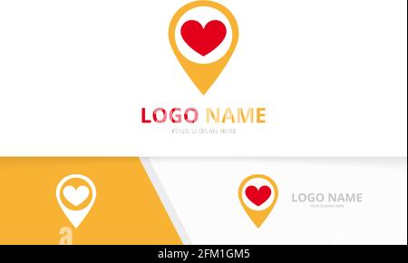 Heart and map pointer logo combination. Unique GPS locator logotype design template. Stock Vector