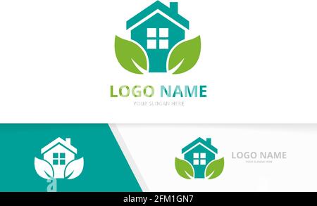 Vector real estate and leaves logo combination. Unique organic house logotype design template. Stock Vector