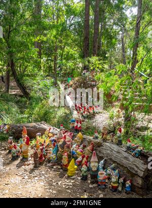 Tourist attraction collection of garden gnomes at Gnomesville in Ferguson Valley Western Australia. Stock Photo