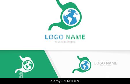 Vector stomach and earth logo combination. Unique gastrointestinal tract and globe logotype design template. Stock Vector