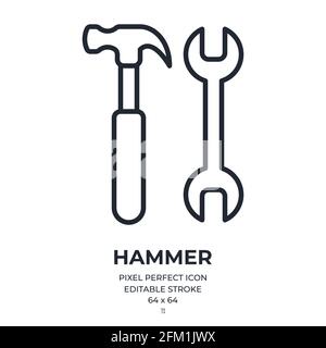 Hammer editable stroke outline icon isolated on white background flat vector illustration. Pixel perfect. 64 x 64. Stock Vector