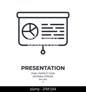 Presentation editable stroke outline icon isolated on white background flat vector illustration. Pixel perfect. 64 x 64. Stock Vector