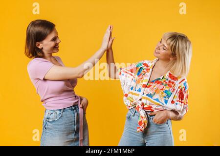 Portrait of two cheerful lovely girlfriends wearing summer clothes standing isolated over yellow background, high five Stock Photo