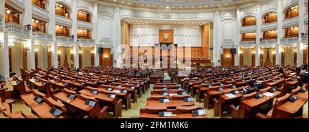 Bucharest, Romania - May 5, 2021: Panorama with the Romanian Chamber of Deputies inside the Palace of Parliament. Stock Photo