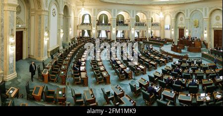 Bucharest, Romania - May 5, 2021: Panorama with the Romanian Senate hall inside the Palace of Parliament. Stock Photo