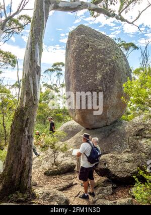 Balancing Rock 6 metre-high granite boulder on the Castle Rock Walk Trail Porongurup National Park Western Australia Stock Photo