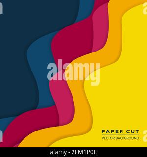 Bright colorful paper cut abstract background. Wavy multicolor paper layers on a dark navy blue background. Vector illustration EPS10. Stock Vector
