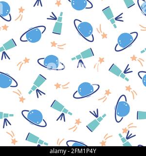 Cute childish seamless pattern of space elements, planet, star, satellite, telescope. Hand drawn cartoon kids style. Vector illustration for fabric, textile, wallpaper, background. Stock Vector