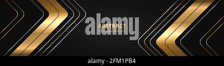 Black luxury abstract wide horizontal banner with gold and silver lines, arrows and angles. Dark modern bright futuristic horizontal sporty abstract Stock Vector