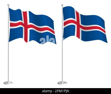 flag of Iceland on flagpole waving in wind. Holiday design element. Checkpoint for map symbols. Isolated vector on white background Stock Vector