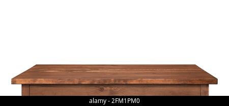 Wooden table or tabletop isolated on white. Dark brown table as template for ideas, high resolution long picture. Stock Photo