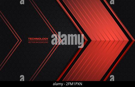 Red arrows on a dark hexagonal grid abstract technology background. Luxury overlap direction design. Futuristic modern red metallic arrows and dark Stock Vector