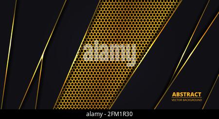 Luxury dark background with golden hexagon carbon fiber. Modern background with gold luminous lines. Abstract futuristic luxury backdrop. Vector Stock Vector