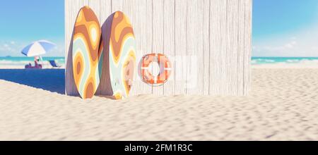 Closeup shot of a wooden hut on the beach with surfboards leaning on it Stock Photo