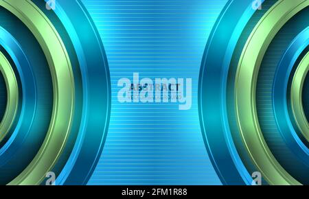 Abstract colorful bright vector background. Three-dimensional blue and green circles on striped blue background with lights and highlights. Vector Stock Vector