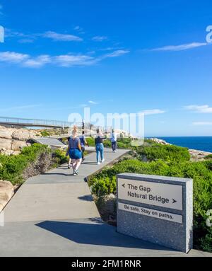 Sign to stainless steel cantilevered viewing platform at The Gap and the Natural Bridge Torndirrup National Park Albany Western Australia. Stock Photo