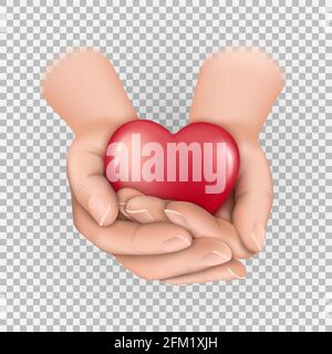 Heart in folded palms. Banner for World Heart Day. Valentine s day.Isolated on transparent background vector illustration. Stock Vector