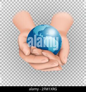 Planet Earth in folded palms. Banner International Earth Day. Isolated, on a transparent background. Vector illustration. Stock Vector