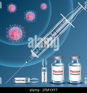 Vaccination medical banner. Syringe and ampoules with coronavirus vaccine, preventing a second wave of COVID-19 infection. 3d realistic vector illustr Stock Vector