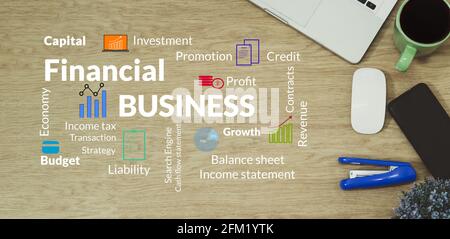 Business Finance Concept. Words cloud of keywords financial investment credit.Top view Stock Photo