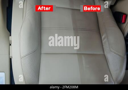 Before and after the leather seat cleaning service. Stock Photo