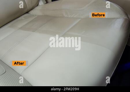 Before and after the leather seat cleaning service. Stock Photo