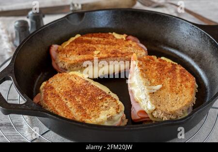https://l450v.alamy.com/450v/2fm20jw/rustic-ham-and-cheese-sandwich-fried-with-sourdough-bread-in-a-cast-iron-pan-2fm20jw.jpg