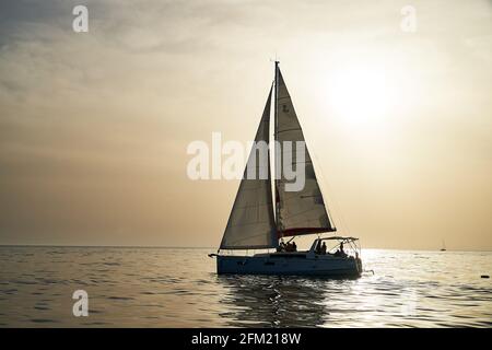 Yacht in the Mediterranean sea during calm weather day. Stock Photo