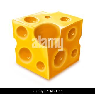 A cube of Maasdam cheese with large holes. Isolated on a white background. Raster illustration. Stock Photo
