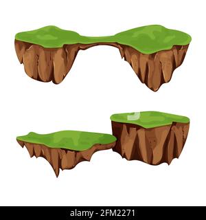 Set Flying Islands with ground and grass isolated on white background, detailed in cartoon style. Ui game assets, background for location, element. Fantasy piece of earth. Vector illustration Stock Vector