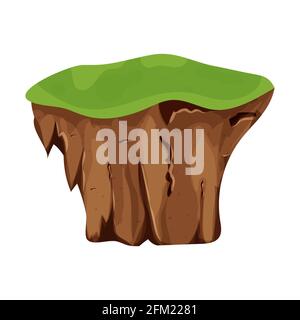 Flying Island with ground and grass isolated on white background, detailed in cartoon style. Ui game assets, background for location, element. Fantasy piece of earth. Vector illustration Stock Vector