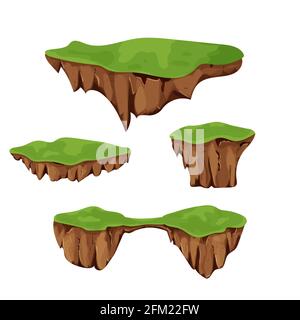 Set Flying Islands with ground and grass isolated on white background, detailed in cartoon style. Ui game assets, background for location, element. Fantasy piece of earth. Vector illustration Stock Vector