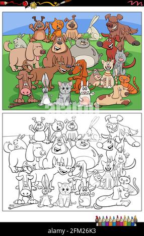 Cartoon illustration of funny dogs and cats and rabbits animal characters group coloring book page Stock Vector
