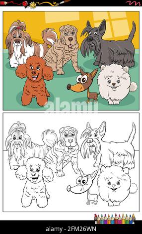 Cartoon illustration of funny purebred dogs animal characters group coloring book page Stock Vector