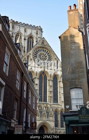 The Rose Window, South Transcept of York Minster, as seen from Minster Gates, North Yorkshire, United Kingdom Stock Photo