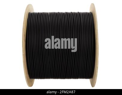 Electricity black cable on wooden spools. ISOLATED Stock Photo