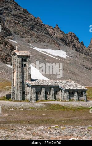 Notre-Dame-de-Toute-Prudence chapel at the Iseran pass between the Tarentaise valley and the Maurienne valley, Savoie (73), Auvergne-Rhone-Alpes regio Stock Photo