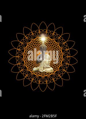 Spiritual background for meditation with buddha statue and mandala Stock Photo
