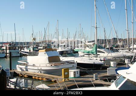 Yachts and boats in the marina of the lovely seaside town Sausalito, San Francisco, California - United States of America aka USA Stock Photo