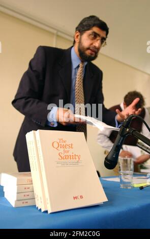 Iqbal Sacremie, Secretary General of the Muslim Council of Britain, speaking at a press conference this morning with reference to a new book entitled 'The Quest for Sanity' which is based upon the aftermath of September 11th on the Muslim community.19 September 2002 photo Andy Paradise Stock Photo