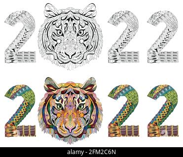 Hand drawn zentangle tiger number 2022 for coloring, for t-shirt and other decorations Stock Vector